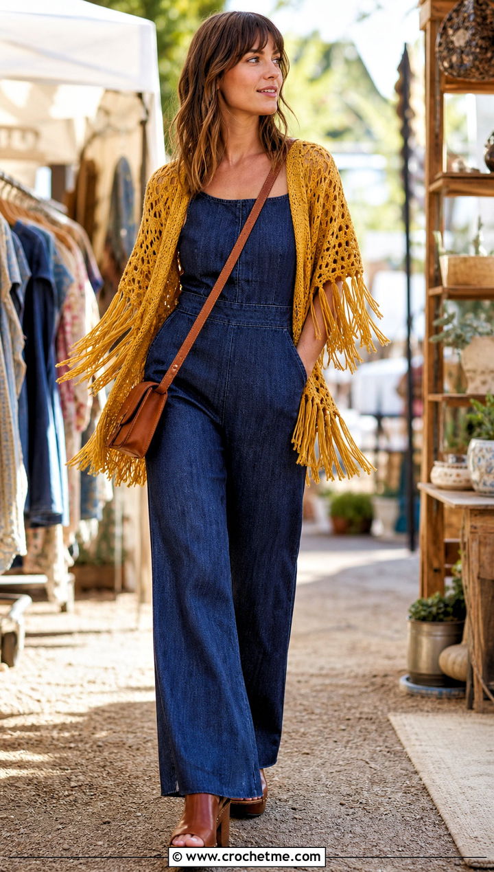 Fringed Crochet Shrug With Denim Jumpsuit - 35 crocheted shrug outfit ideas
