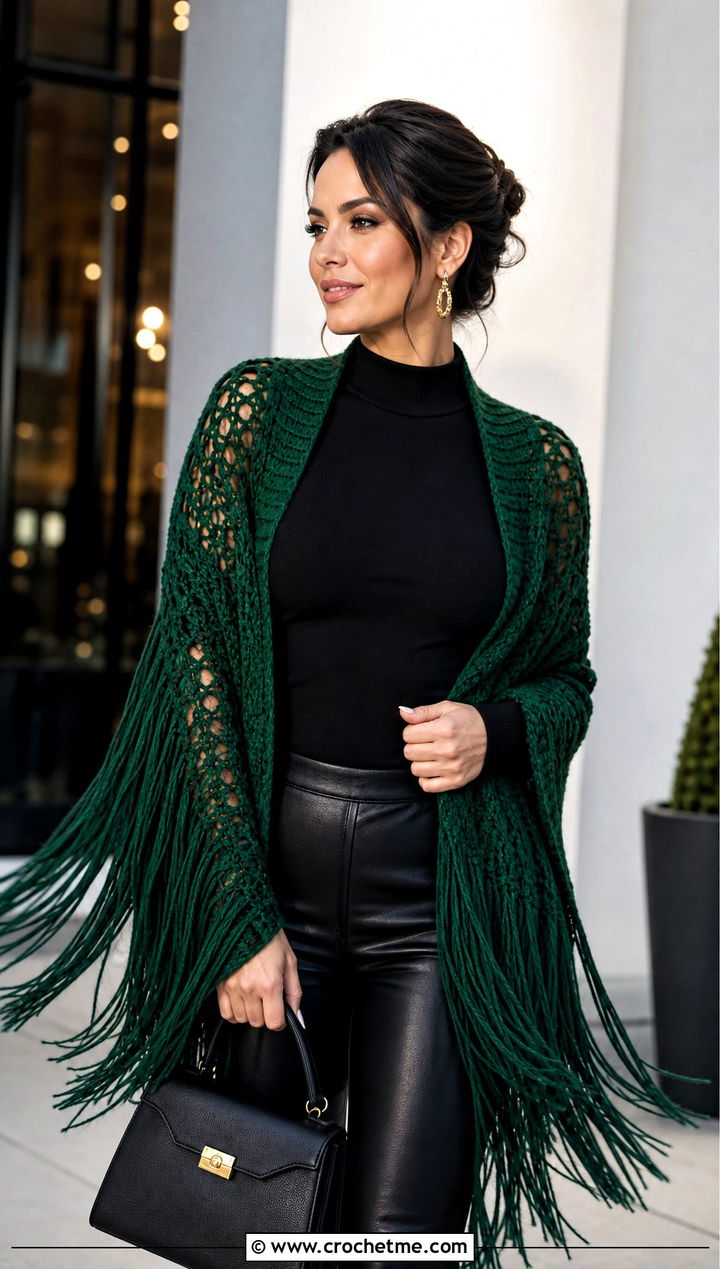 Fringed Crochet Sleeve Scarf With Leather Pants - 30 crochet sleeve scarf outfit ideas
