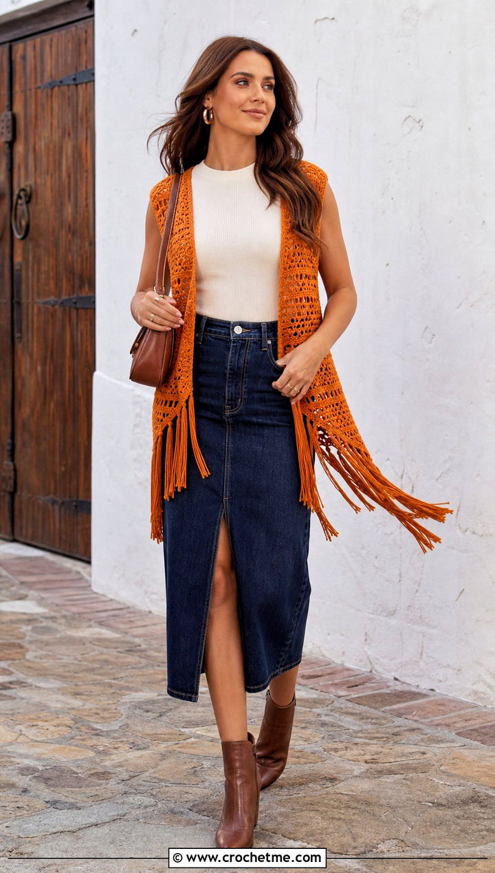 Fringed Crochet Sleeveless Vest With Denim Midi Skirt - 35 crochet sleeveless vest outfit ideas