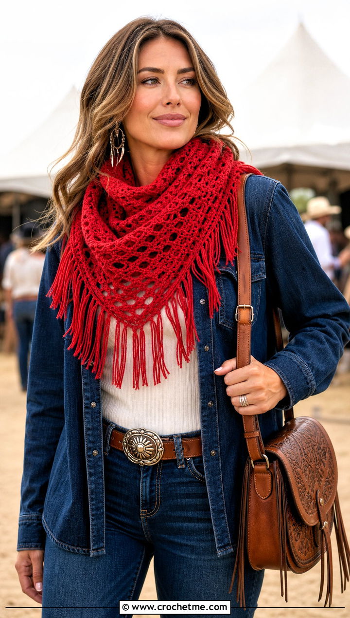 Fringed Crochet Snood Cowl With Western Denim Outfit - 20 crochet snood cowl outfit ideas