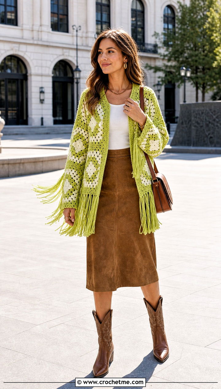 Fringed Crochet Star Granny Square Cardigan With Suede Skirt - 25 Crochet Star Granny Square Cardigan outfit ideas