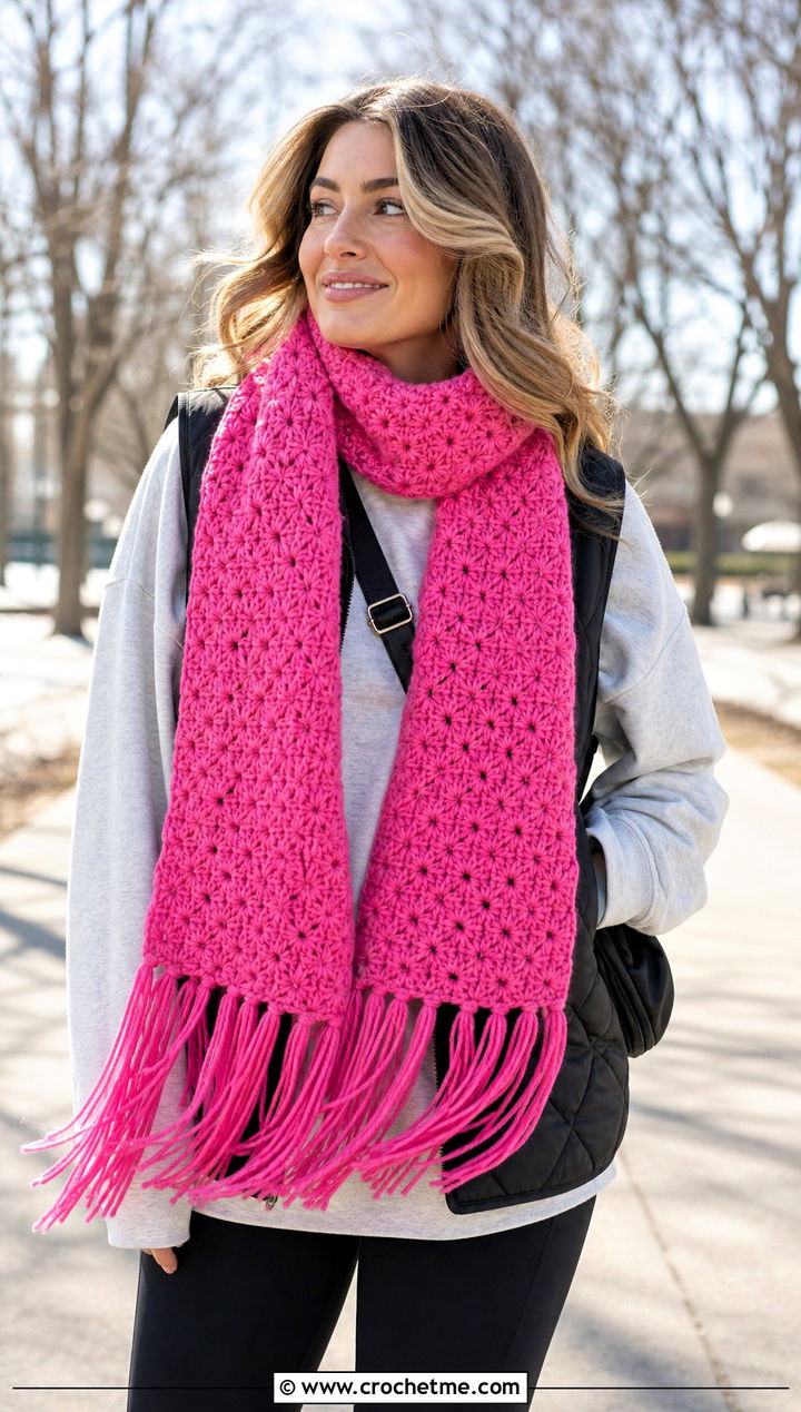 Fringed Crochet Star Stitch Scarf With Leggings And Sweatshirt - 25 Crochet Star Stitch Scarf outfit ideas