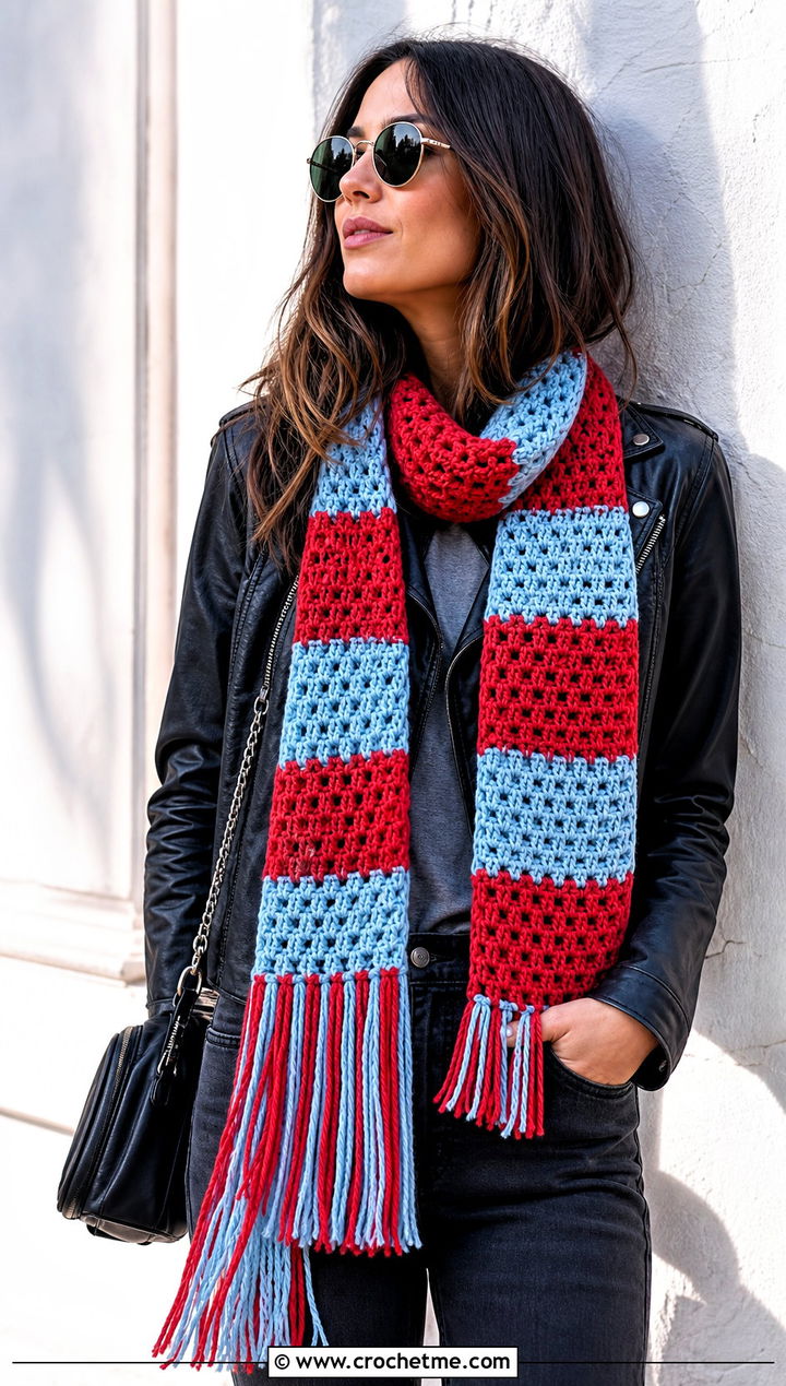 Fringed Crochet Striped Scarf With Leather Jacket - 25 crochet striped scarf outfit ideas