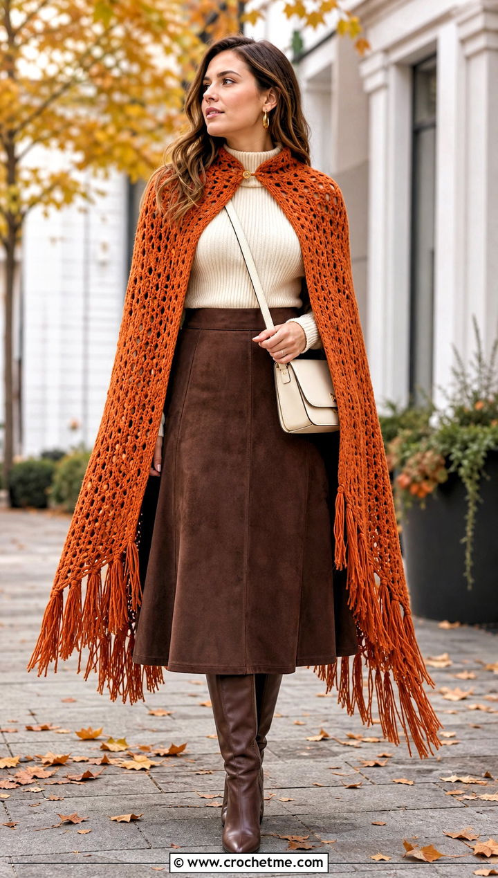 Fringed Crochet Super Hero Cape With Suede Skirt - 25 Crochet Super Hero Cape outfit ideas