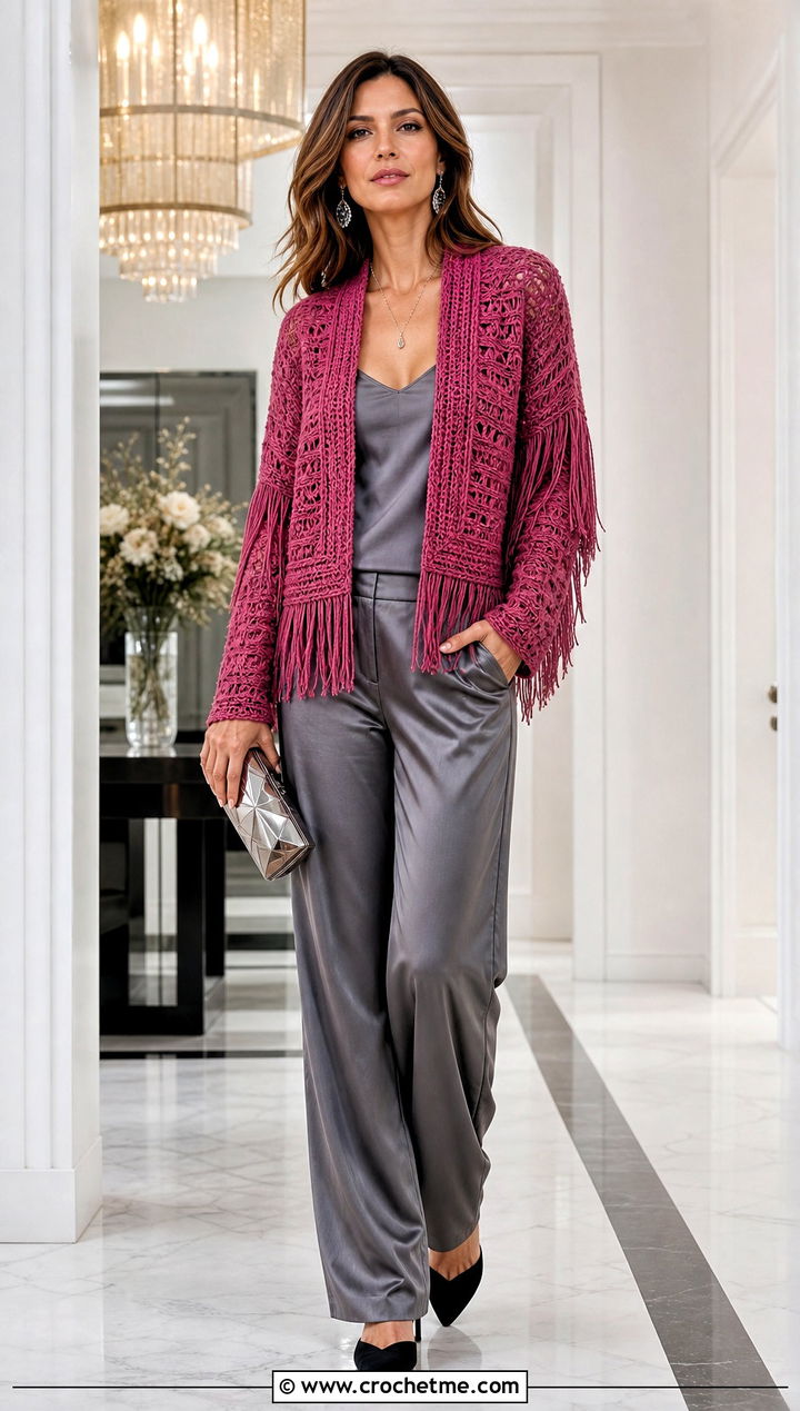 Fringed Crochet Sweater Jacket With Satin Pants - 20 Crochet Sweater Jacket outfit ideas