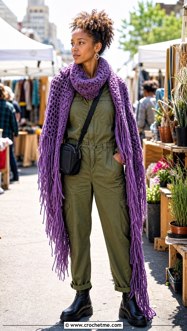 Fringed Crochet Sweater Scarf With Sleeves And Utility Jumpsuit - 25 crochet sweater scarf with sleeves outfit ideas