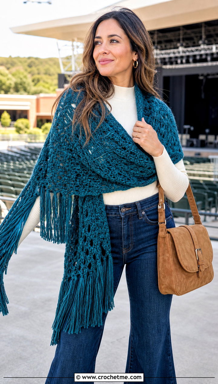 Fringed Crochet Sweater Scarf Wrap With Flared Jeans - 30 crochet scarf sweater wrap outfit ideas