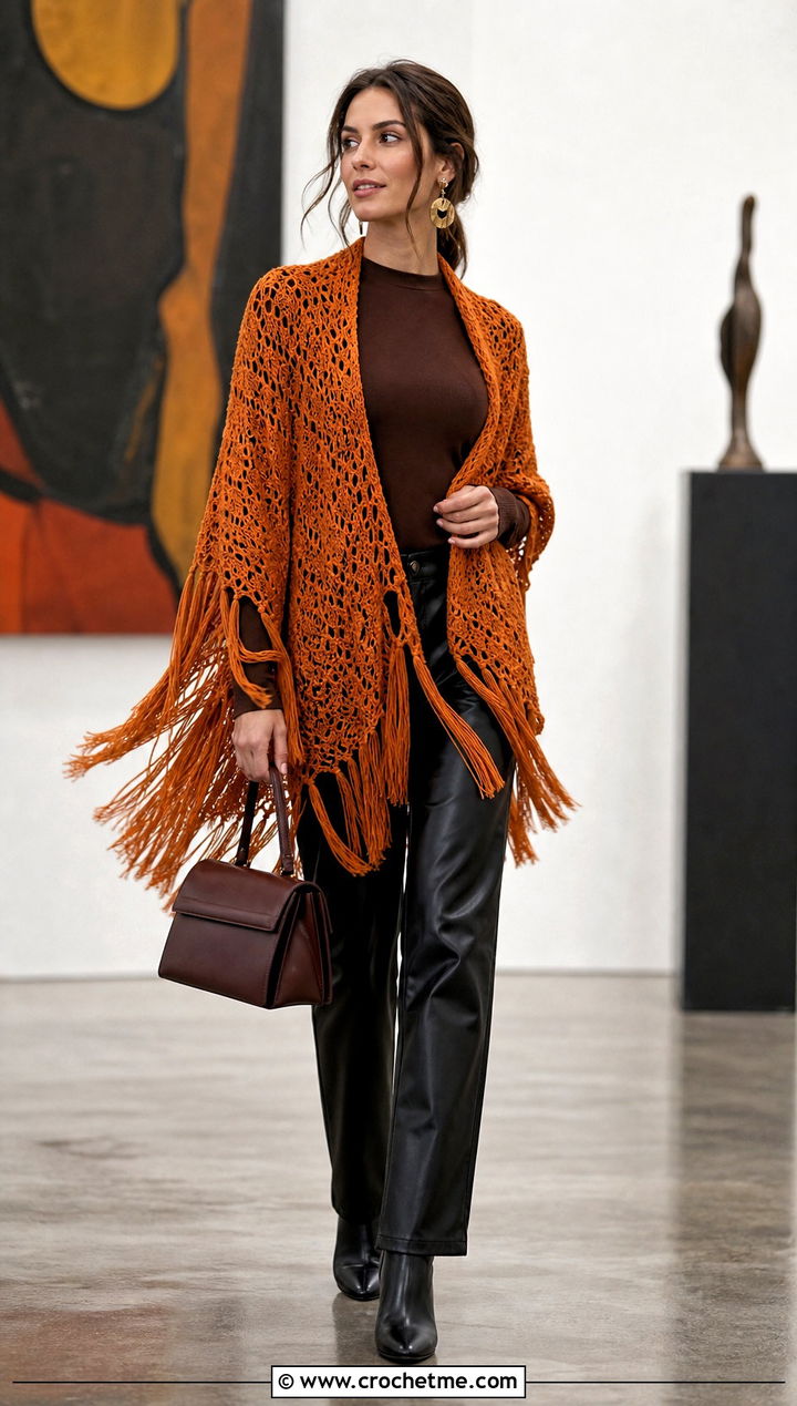 Fringed Crochet Sweater Shawl With Leather Pants - 25 crochet sweater shawl outfit ideas