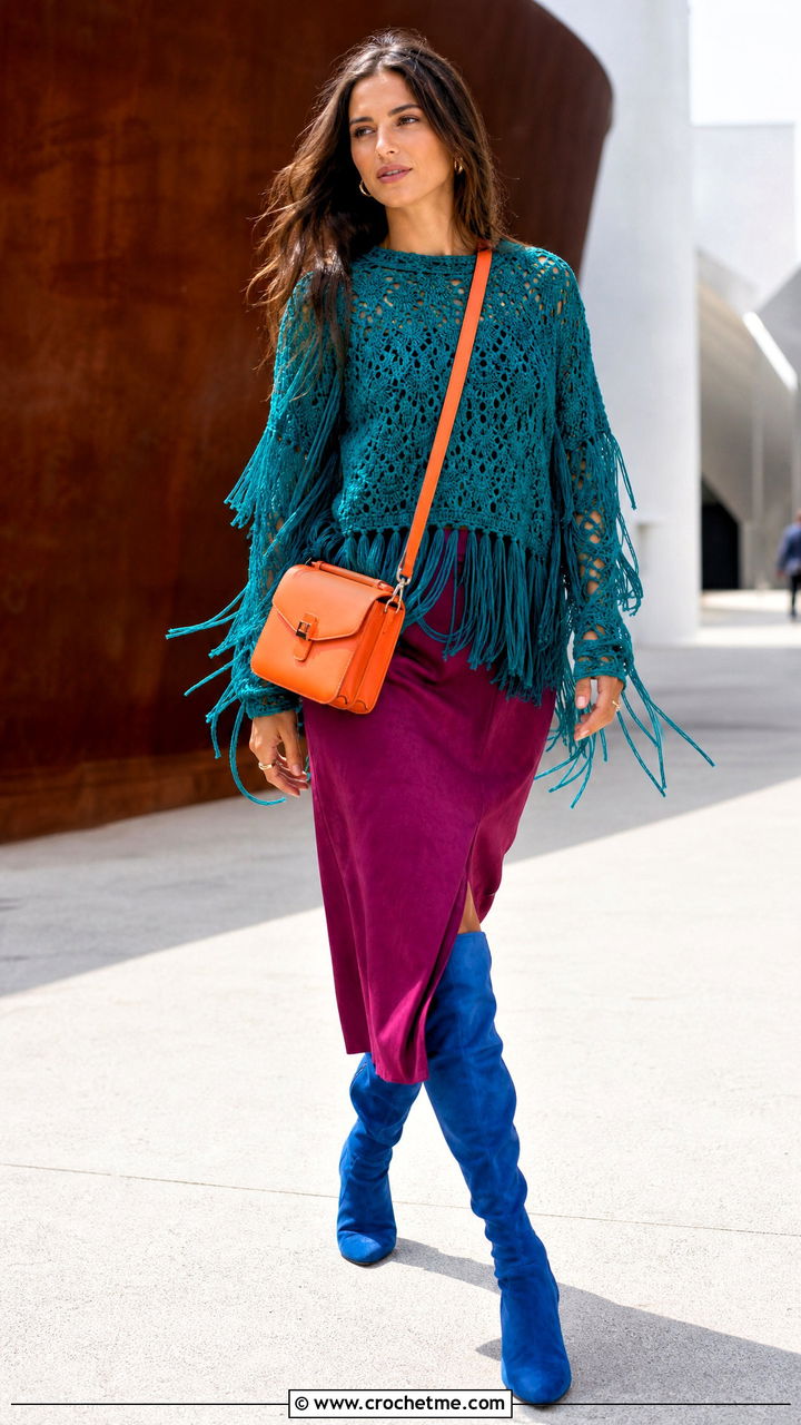 Fringed Crochet Sweater With Suede Midi Skirt - 35 crochet sweater design outfit ideas