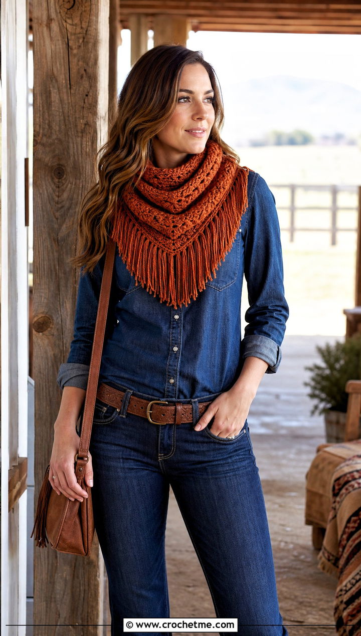 Fringed Crochet Turtleneck Cowl With Western Denim Outfit - 25 Crochet Turtleneck Cowl outfit ideas