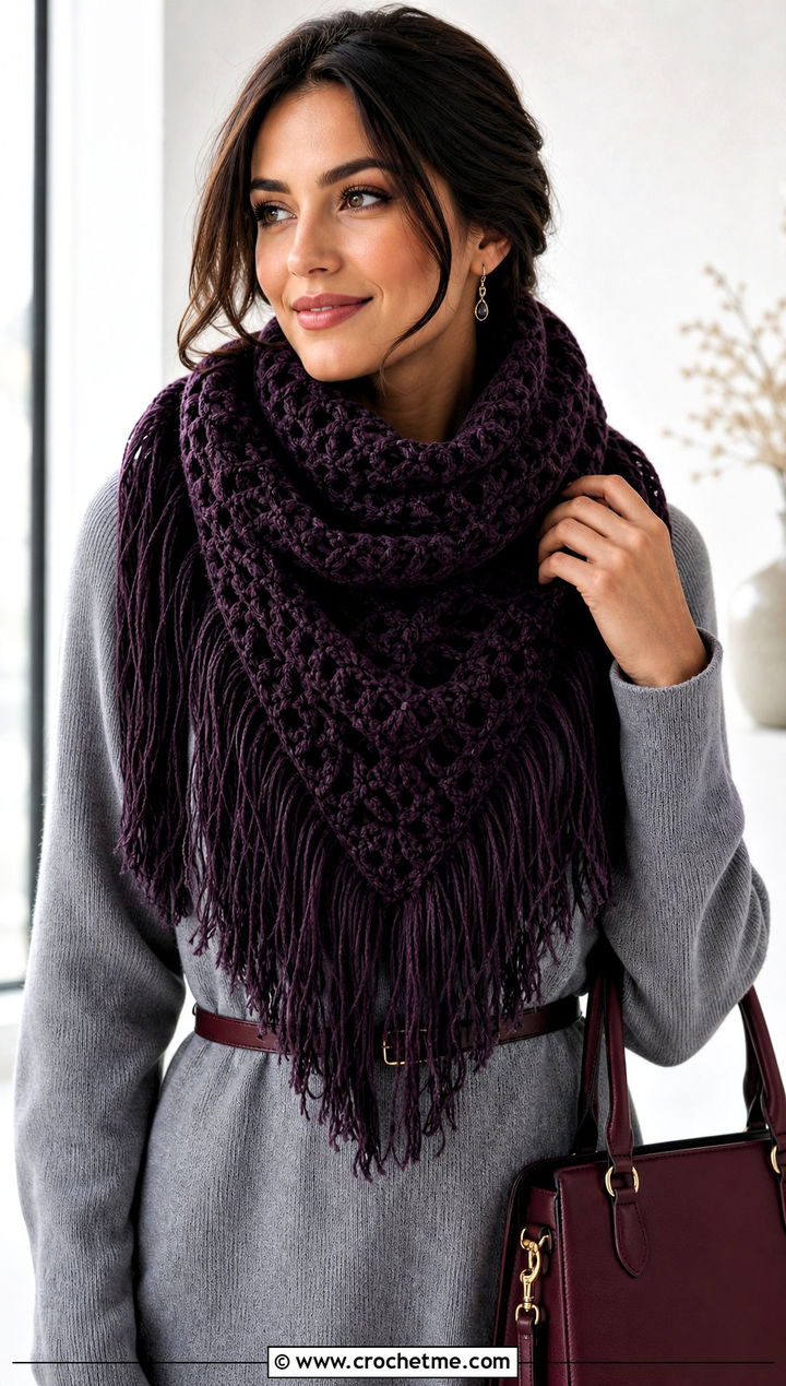 Fringed Crochet Velvet Scarf With Sweater Dress - 25 Crochet Velvet Scarf outfit ideas
