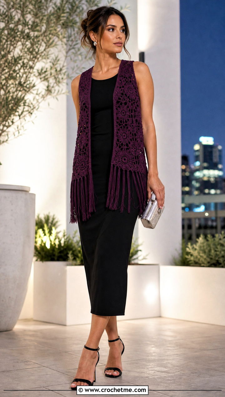 Fringed Crochet Vest With Black Column Dress - 20 Crocheted Vests For Women outfit ideas
