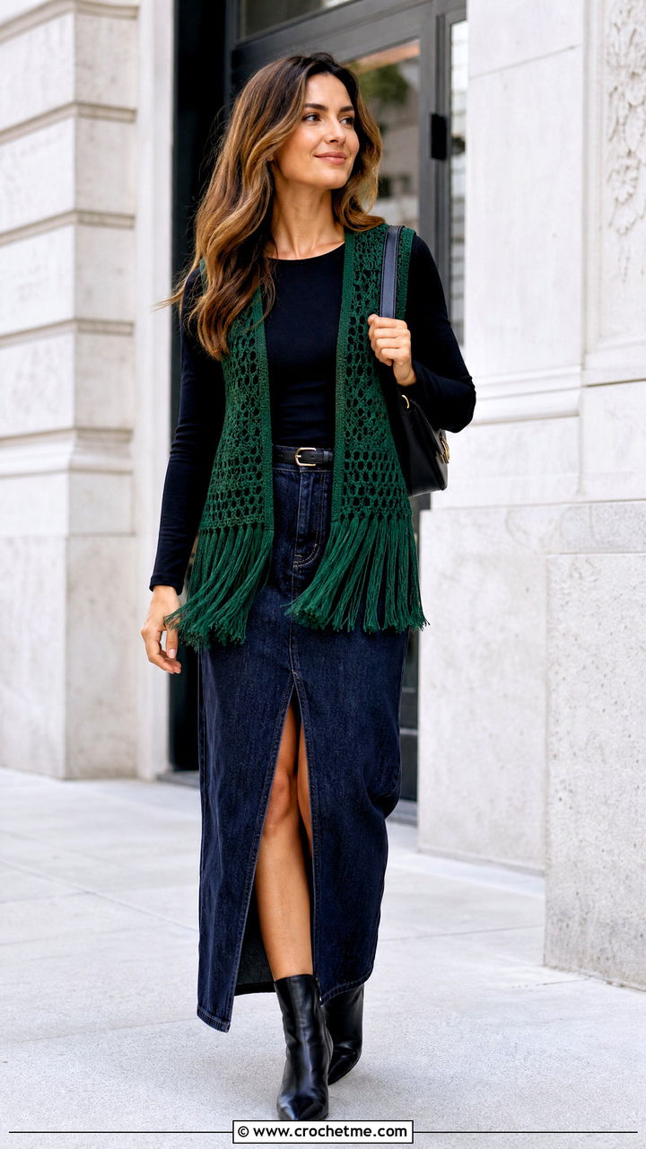 Fringed Crochet Vest With Denim Maxi Skirt - 35 crochet fall clothes and outfit ideas