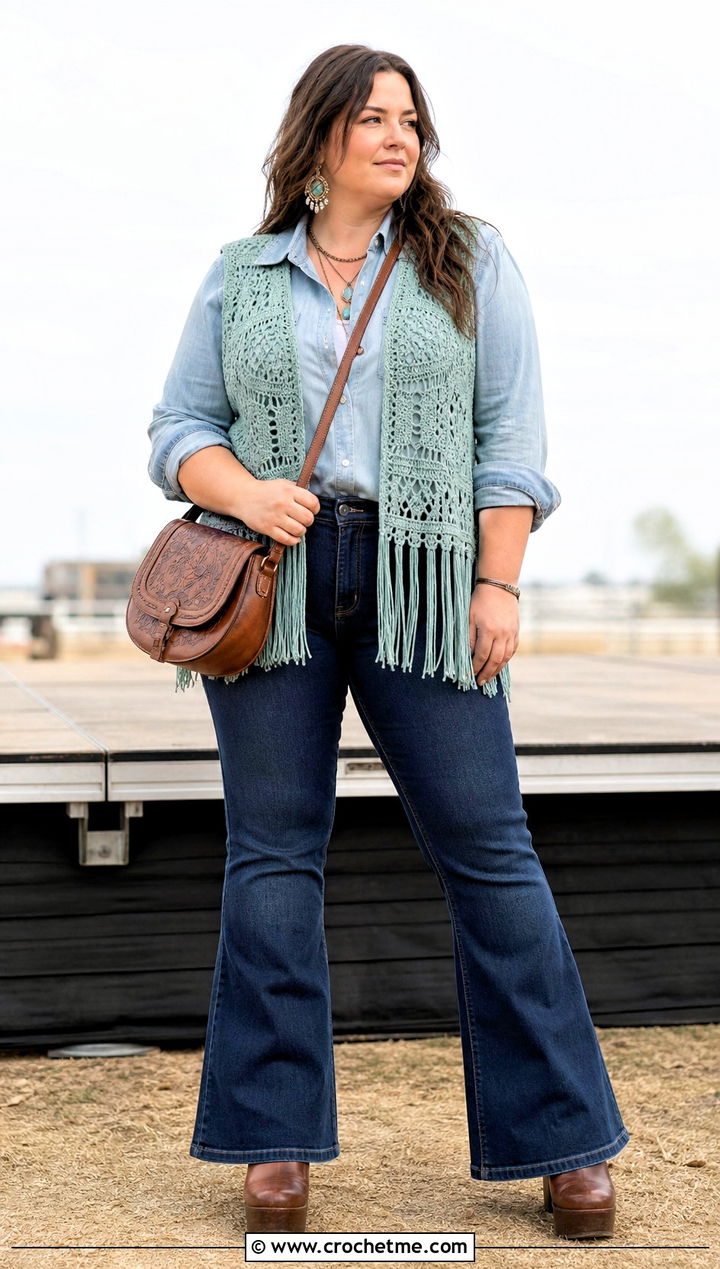 Fringed Crochet Vest With Denim Shirt And Flare Jeans - 35 plus size crochet outfit ideas