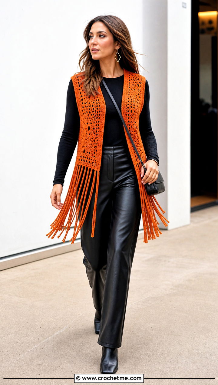 Fringed Crochet Vest With Leather Pants - 15 crochet vest coats & jackets outfit ideas