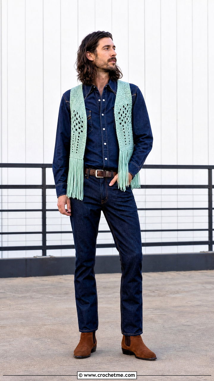 Fringed Crochet Vest With Western Shirt And Dark Denim - 35 crochet vest for men outfit ideas
