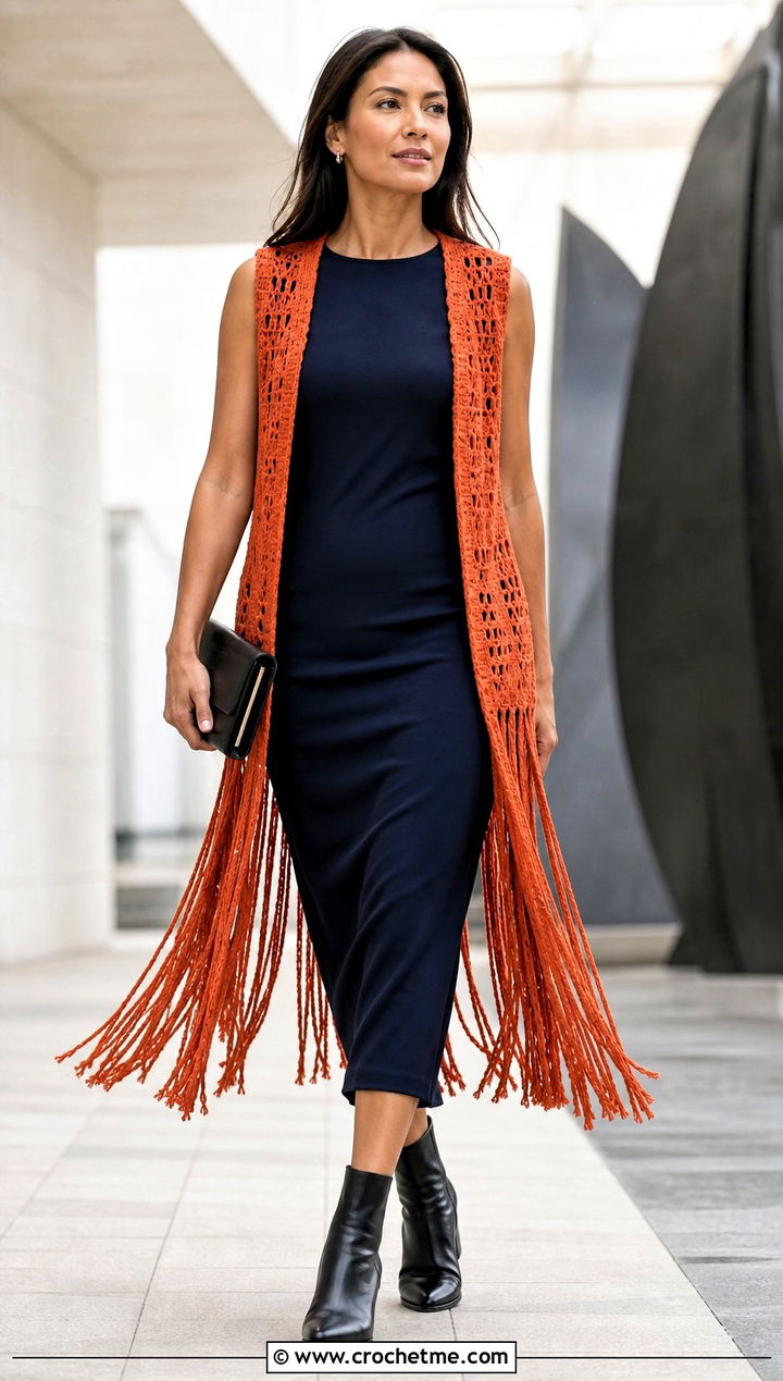 Fringed Crochet Waistcoat With Column Dress - 20 ladies crochet waistcoat outfit ideas