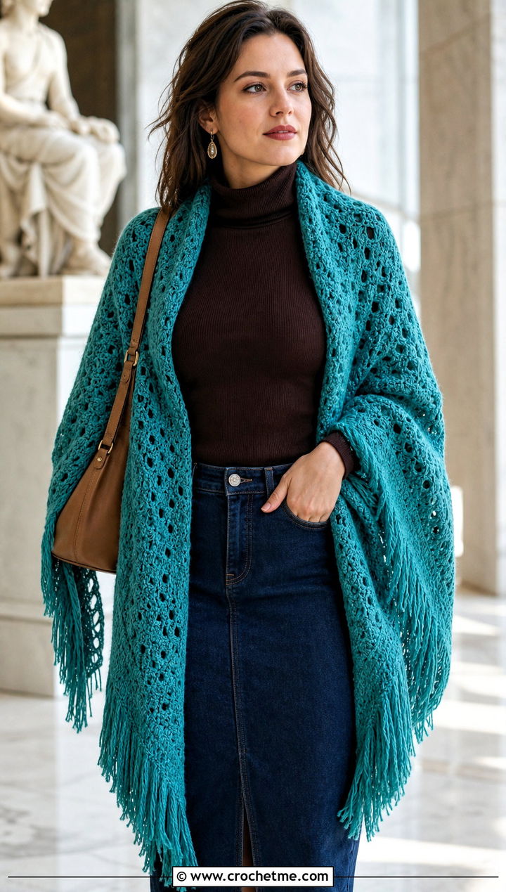 Fringed Crochet Winter Shawl With Denim Skirt - 15 Crochet Winter Shawl outfit ideas