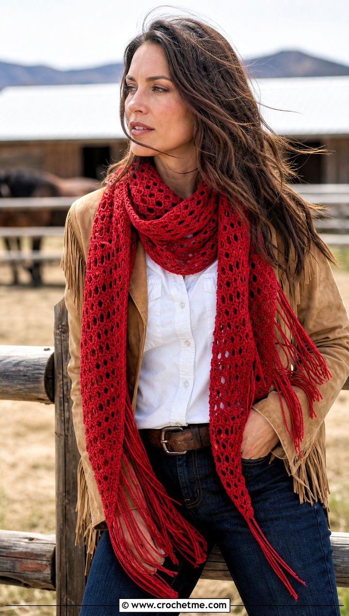 Fringed Crochet Wrap Scarf With Western Denim - 25 Multifunctional Crochet Scarf outfit ideas