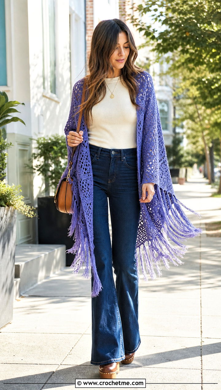 Fringed Crochet Wrap Shawl With Flared Jeans - 35 crochet wrap shawl outfit ideas
