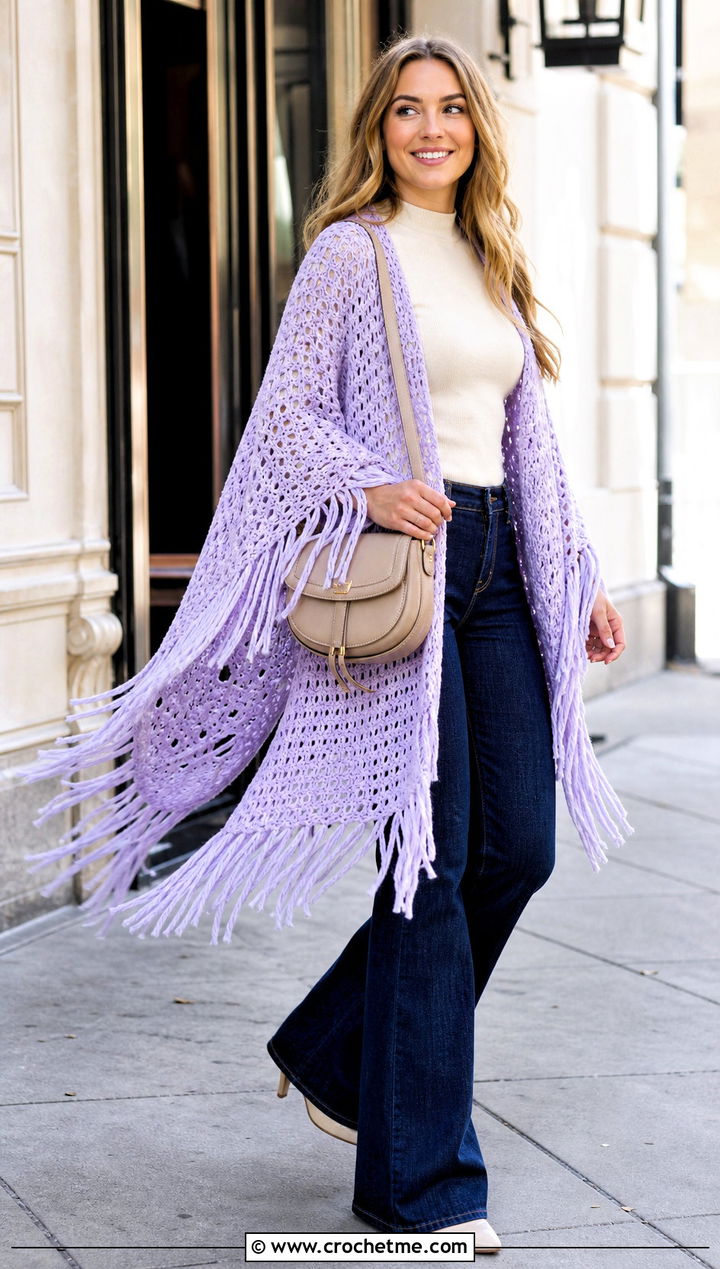 Fringed Crochet Wrap With Flared Jeans - 20 Crochet For Shawls And Wraps outfit ideas
