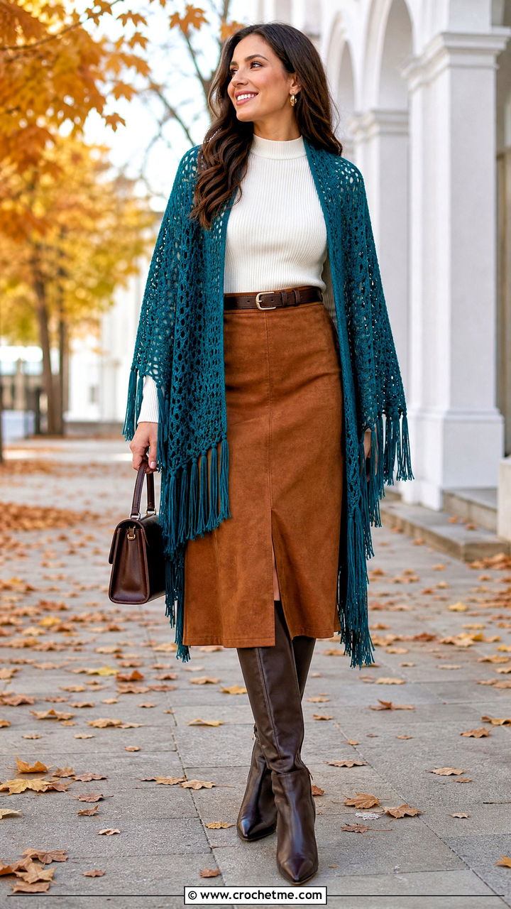 Fringed Crochet Wrap With Suede Midi Skirt - 35 crochet wrap outfit ideas