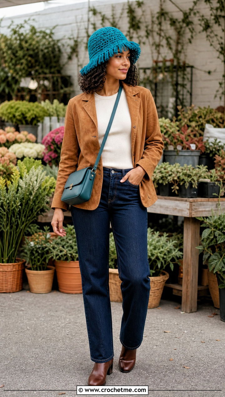 Fringed Crocheted Bucket Hat With Suede Jacket - 35 Crocheted Bucket Hat outfit ideas