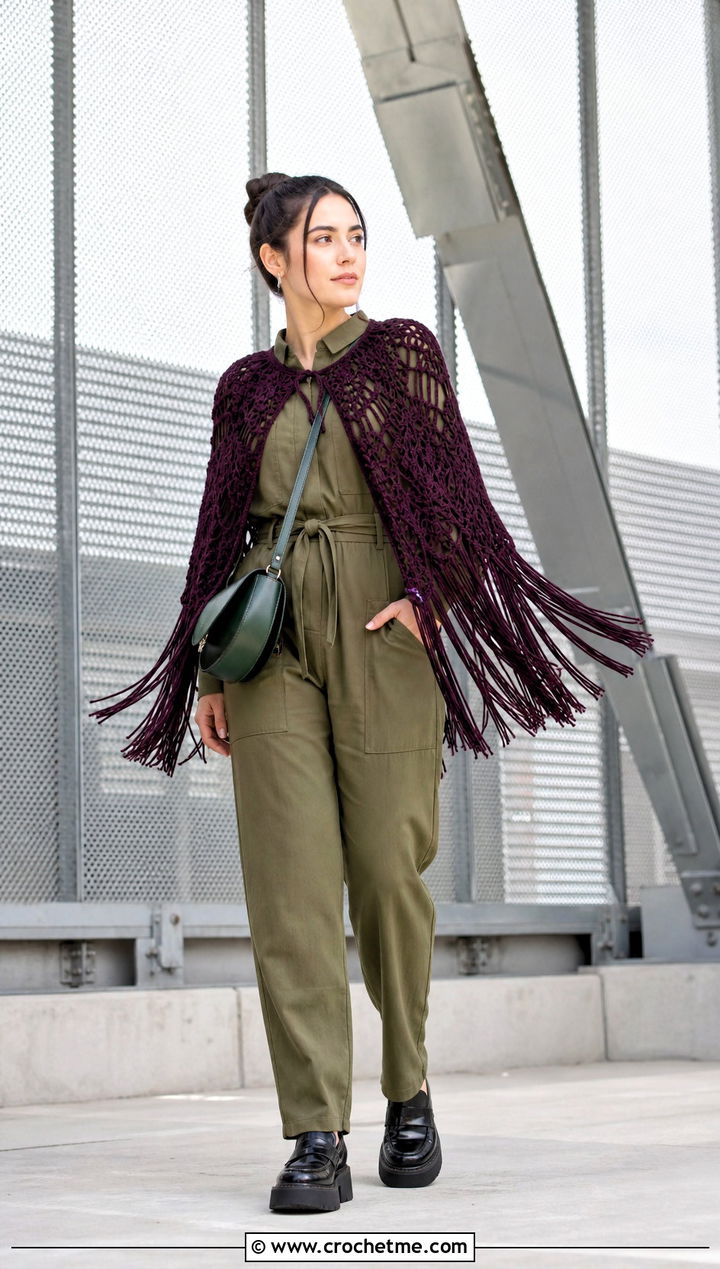 Fringed Crocheted Capelet With Utility Jumpsuit - 25 Crocheted Capelet outfit ideas