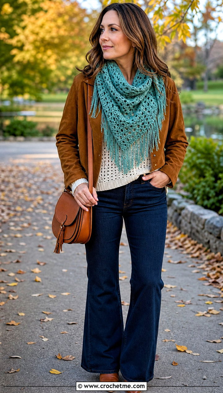 Fringed Crocheted Cowl With Suede Jacket And Flared Jeans - 25 Crocheted Cowl outfit ideas