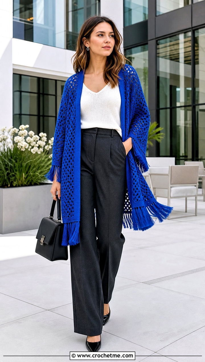 Fringed Crocheted Kimono With Tailored Trousers - 25 Crocheted Kimono outfit ideas