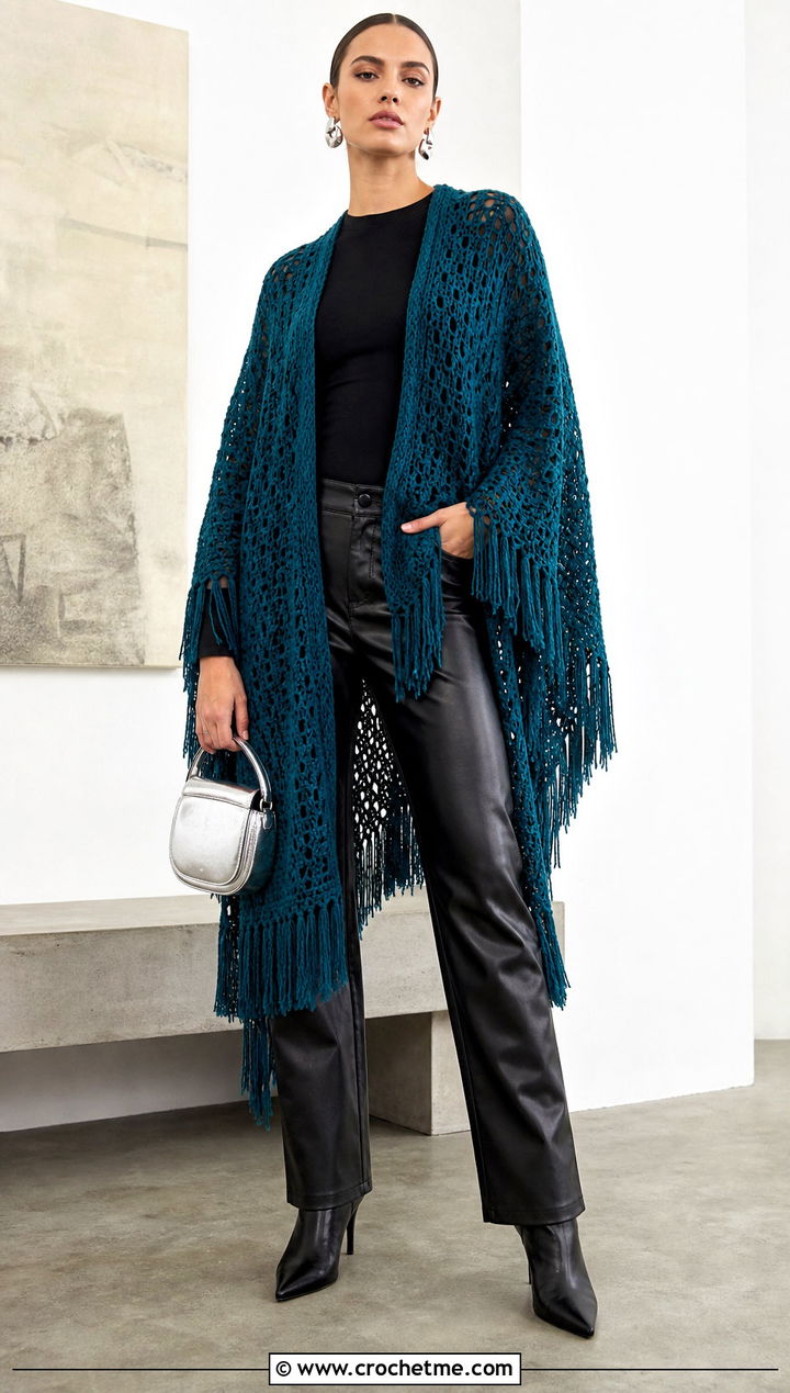 Fringed Crocheted Ruana With Leather Pants - 20 Crocheted Ruana outfit ideas