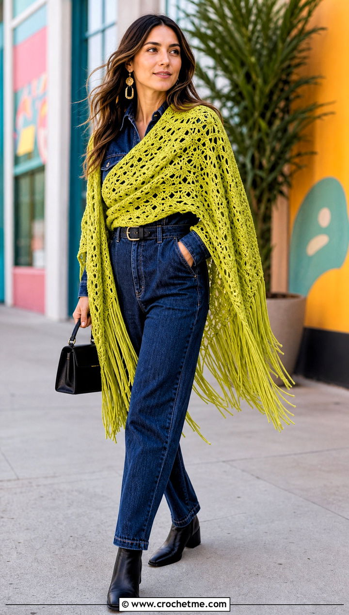 Fringed Crocheted Shawl With A Denim Jumpsuit - 20 Crocheted Shawl outfit ideas