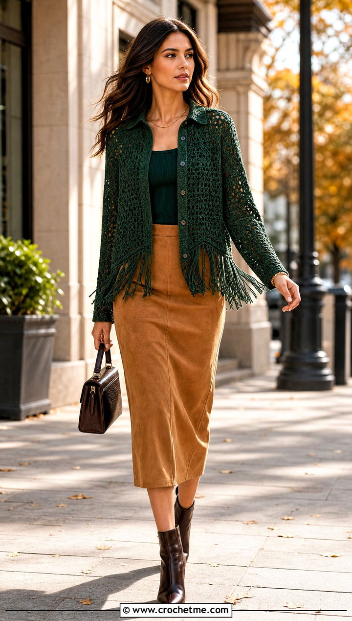 Fringed Crocheted Shirt With Suede Skirt - 35 Crocheted Shirt outfit ideas