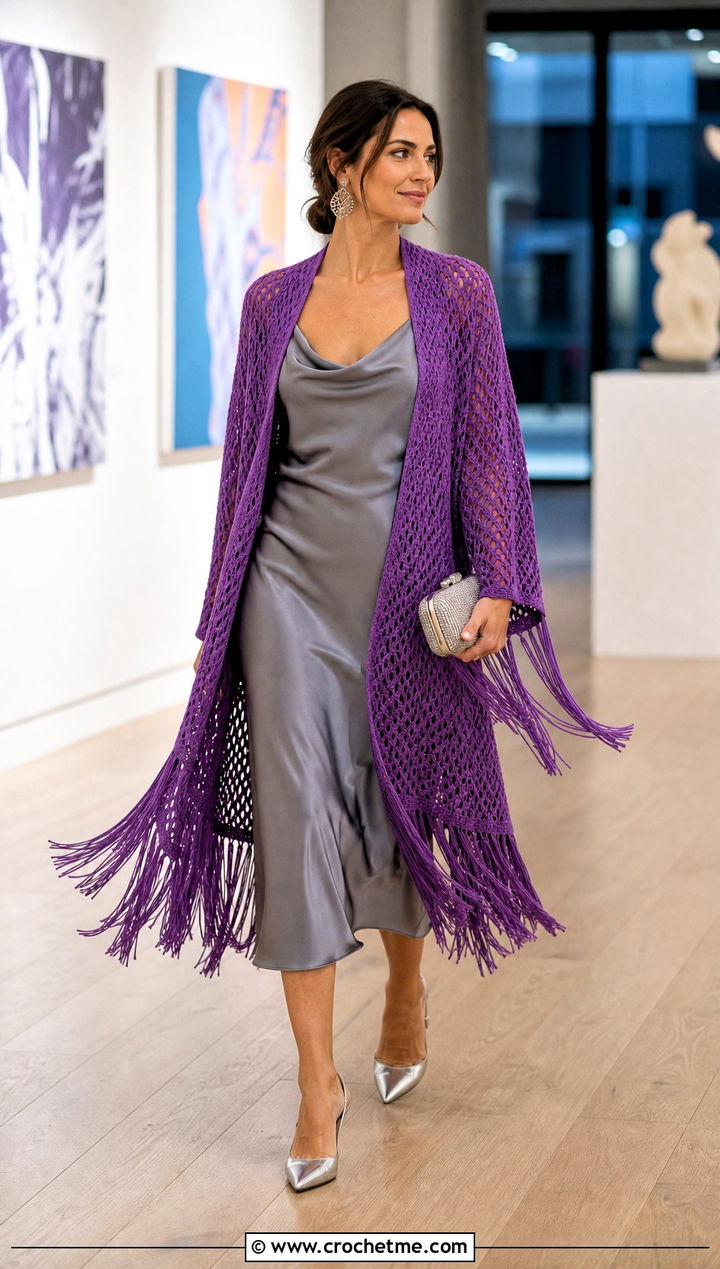 Fringed Crocheted Sweater Coat With Satin Slip Dress - 15 colorful crocheted sweater coat outfit ideas