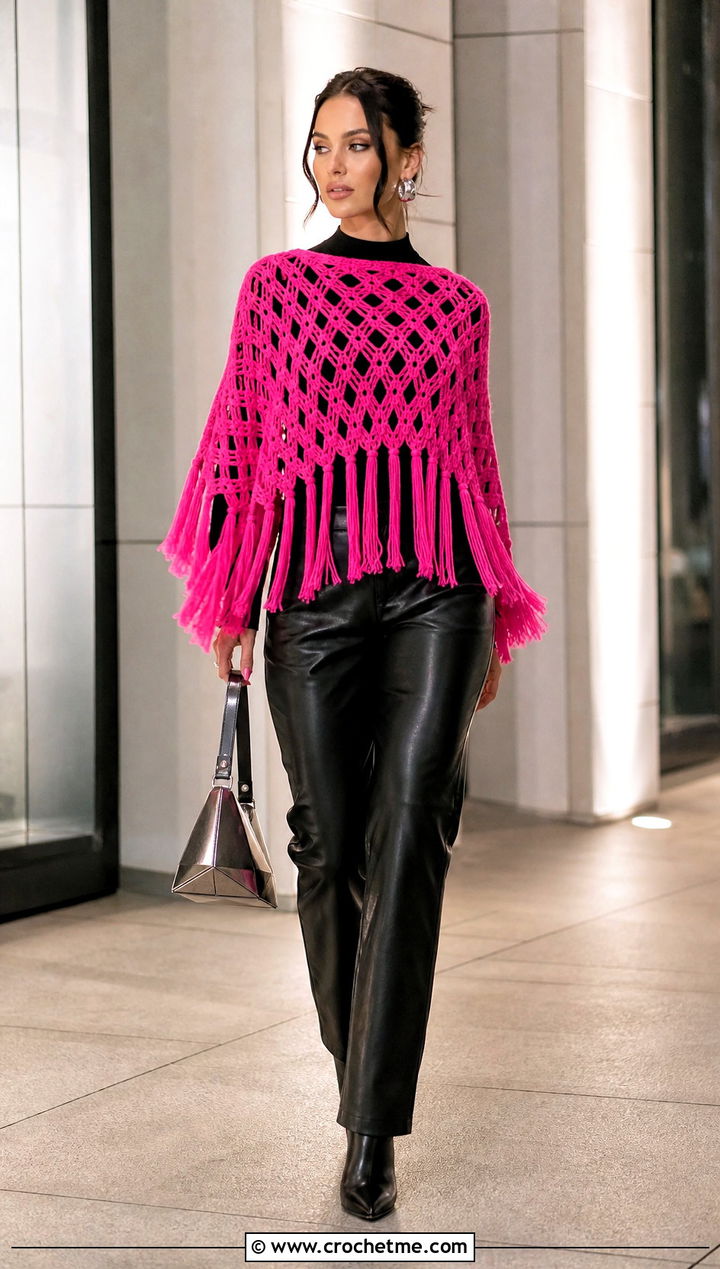 Fringed Cropped Crochet Poncho With Leather Pants - 20 Cropped Crochet Poncho outfit ideas