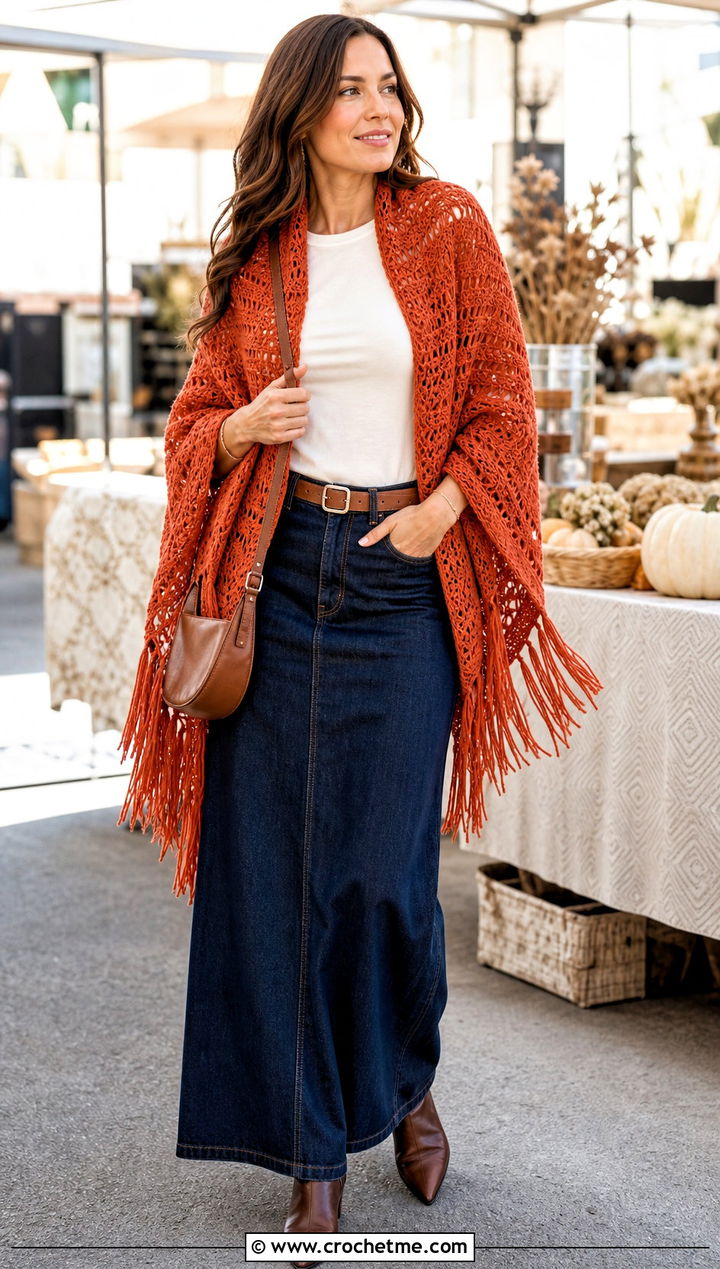 Fringed DK Yarn Crochet Shawl With Denim Maxi Skirt - 25 Crochet Shawl Dk Yarn outfit ideas