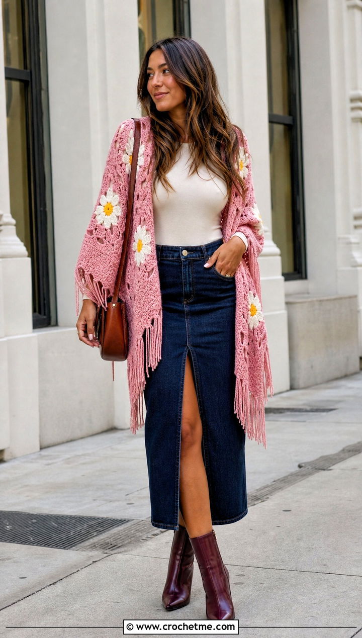 Fringed Daisy Crochet Poncho With Denim Midi Skirt - 25 Crochet Flower Poncho outfit ideas