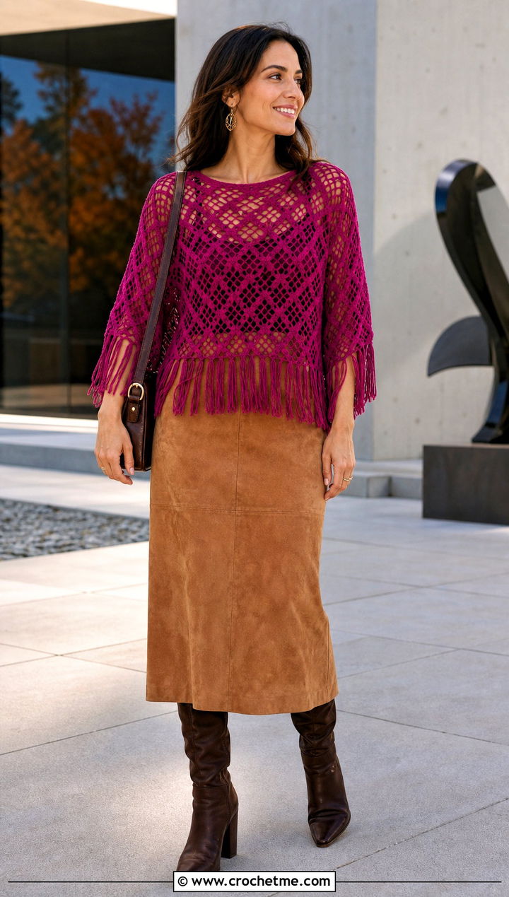 Fringed Diamond Mesh Stitch Crochet Top With Suede Midi Skirt - 25 Diamond Mesh Stitch Crochet Top outfit ideas