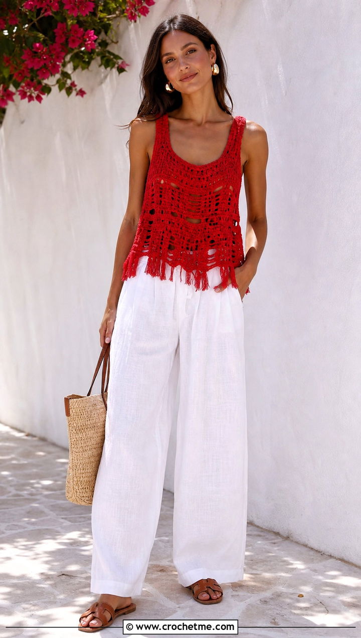 Fringed Distressed Crochet Tank With Linen Pants - 35 Distressed Crochet Top outfit ideas