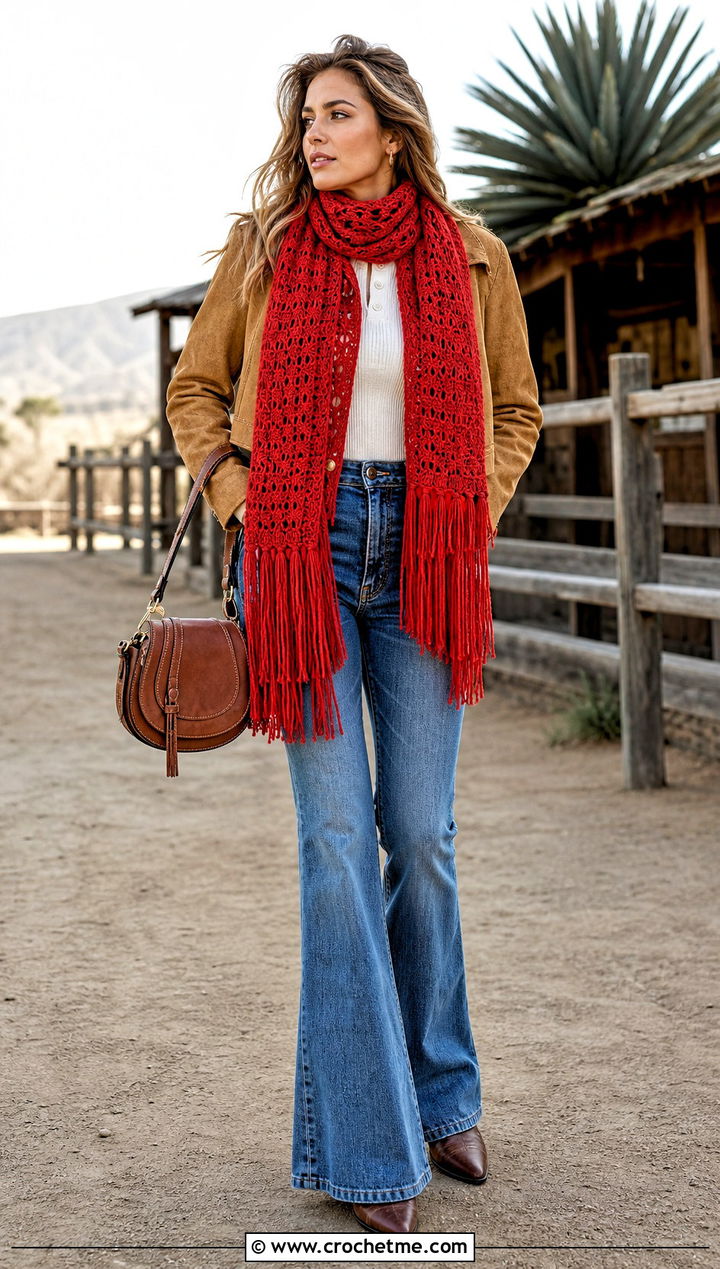 Fringed Double Crochet Scarf With Suede Jacket And Flared Jeans - 35 double crochet scarf outfit ideas