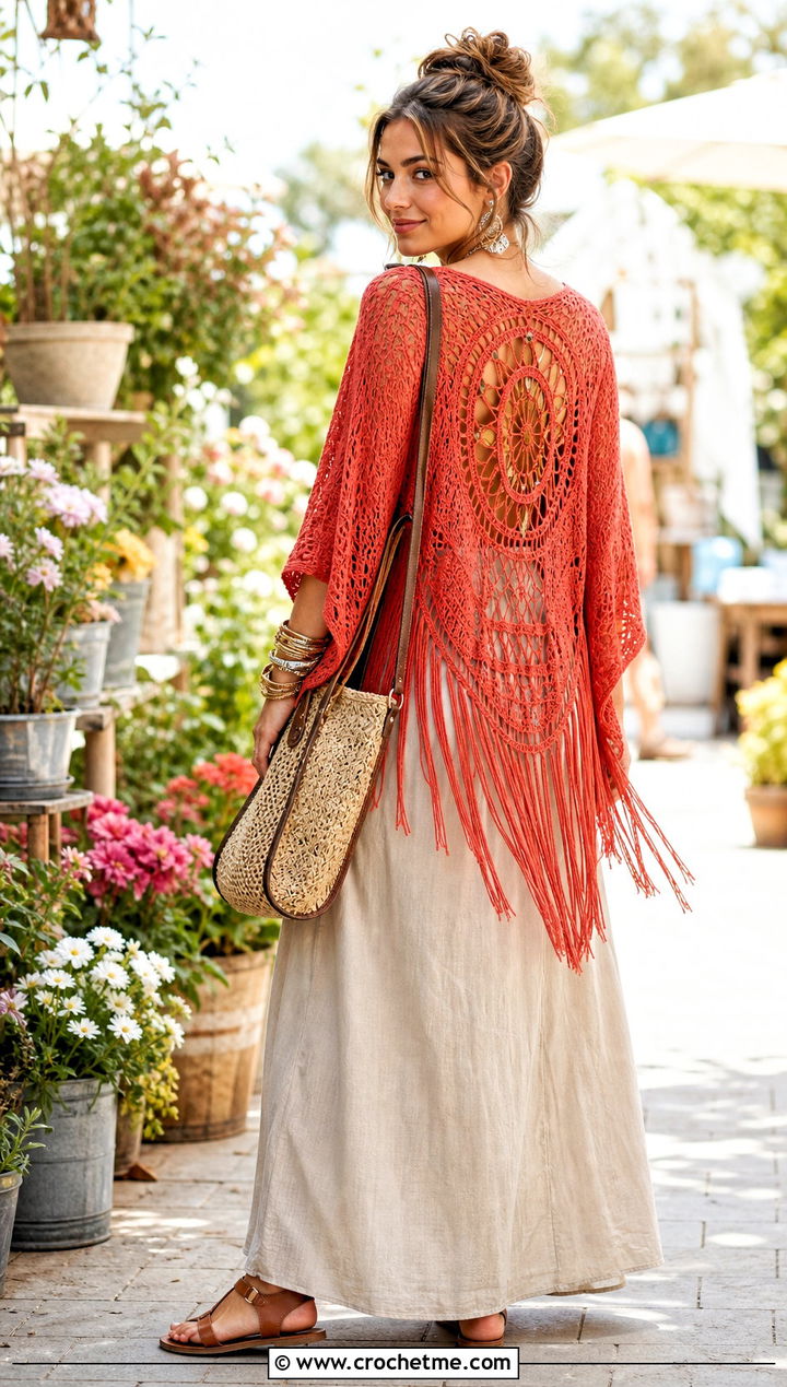 Fringed Dream Catcher Cardigan With Cotton Maxi Dress - 25 dream catcher crochet cardigan outfit ideas