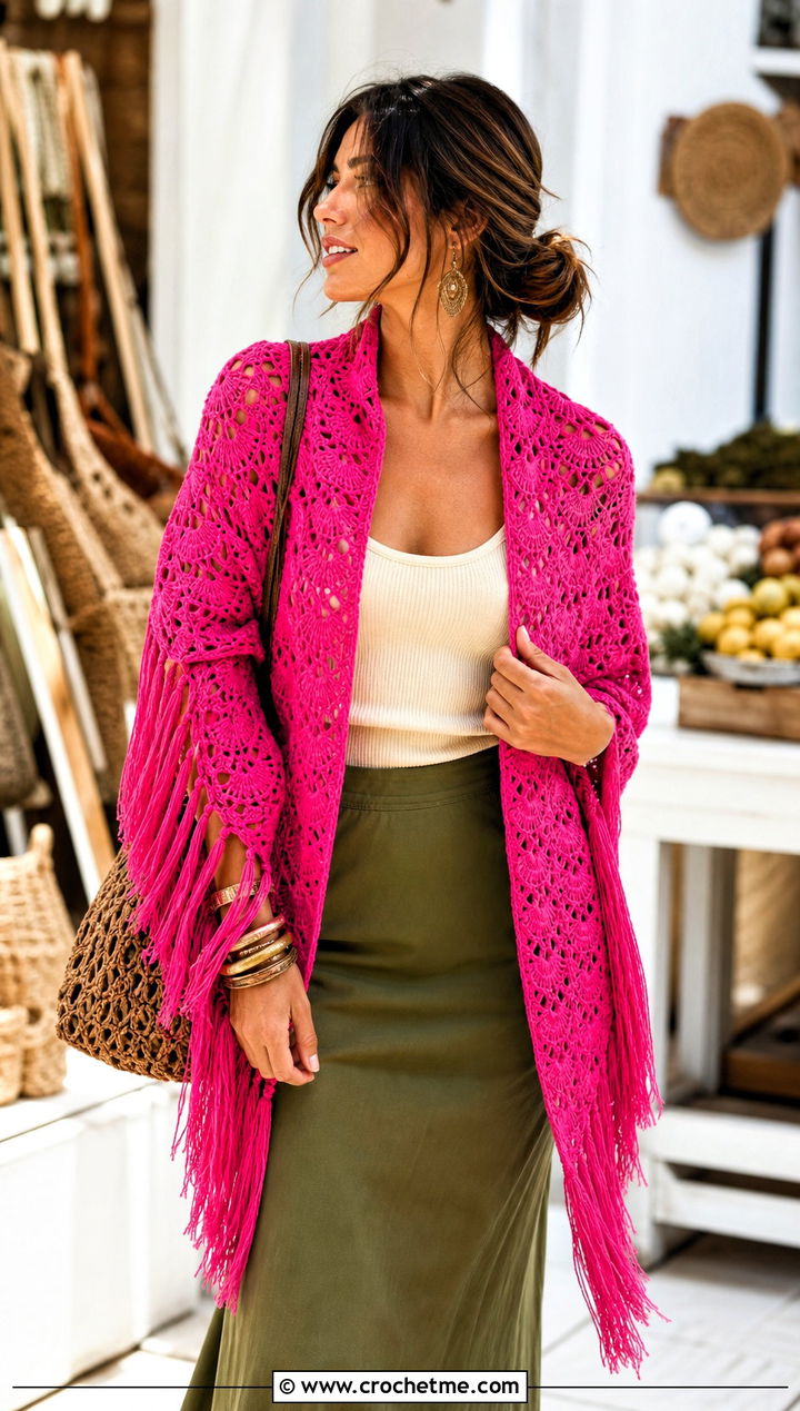 Fringed Fan Stitch Shawl With Maxi Skirt - 20 Crochet Fan Stitch Shawl outfit ideas