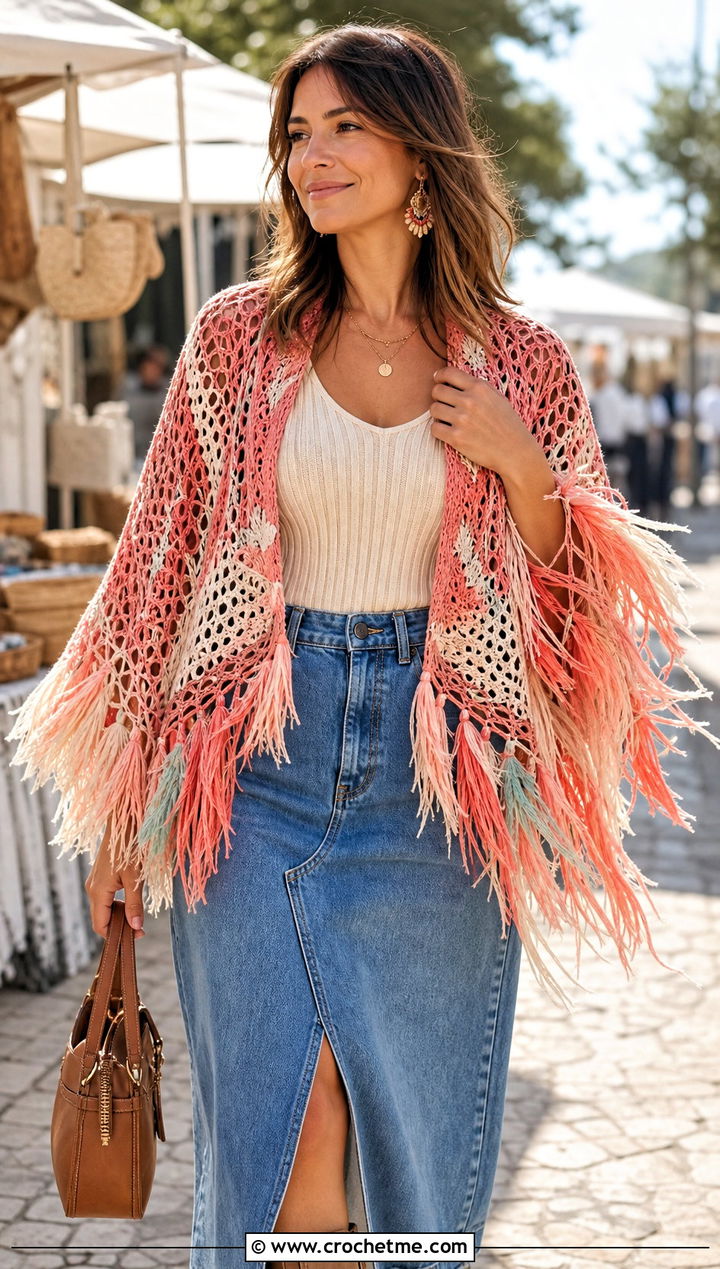 Fringed Feather Crochet Shawl With Denim Midi Skirt - 30 crochet feather shawl outfit ideas