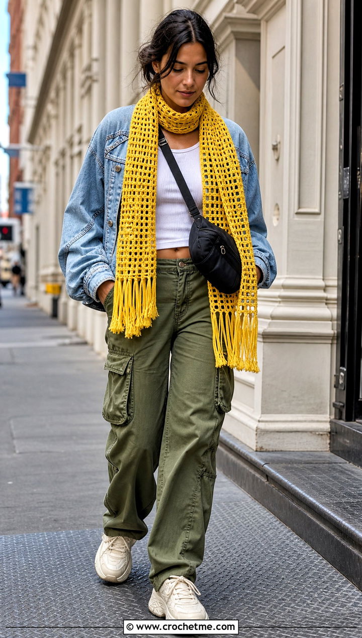 Fringed Filet Crochet Scarf With A Denim Jacket And Cargo Pants - 35 filet crochet scarf outfit ideas