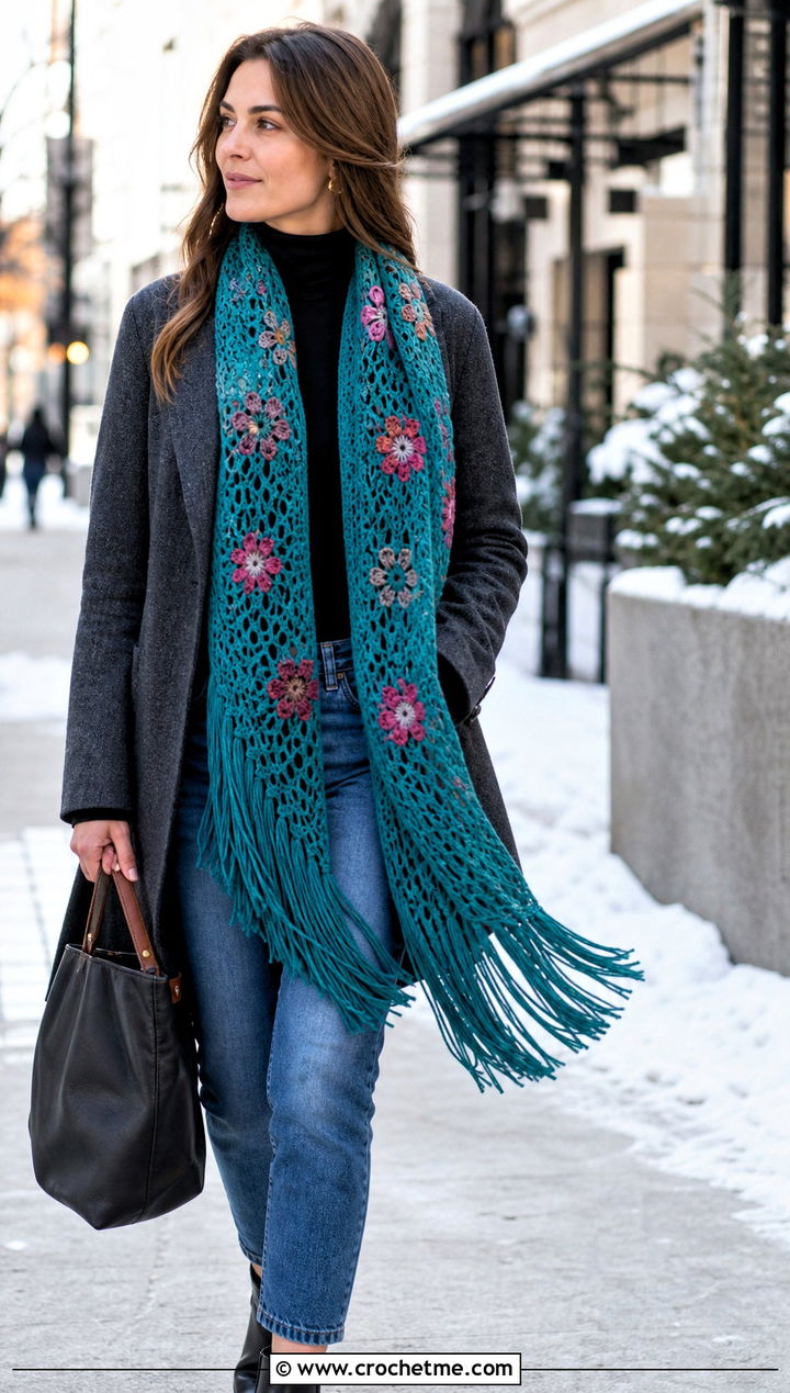 Fringed Flower Scarf With Wool Coat - 30 crochet scarf with flowers outfit ideas