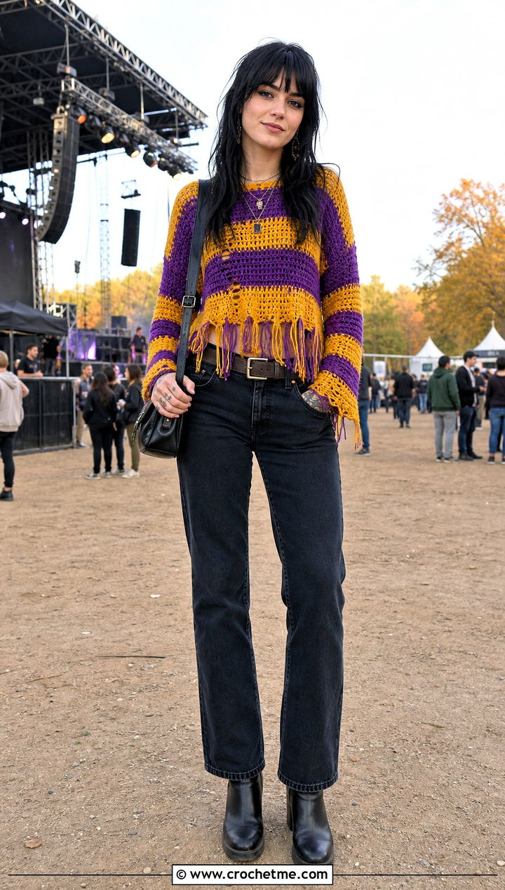 Fringed Freddy Krueger Sweater With Straight Leg Jeans - 30 crochet freddy krueger sweater outfit ideas