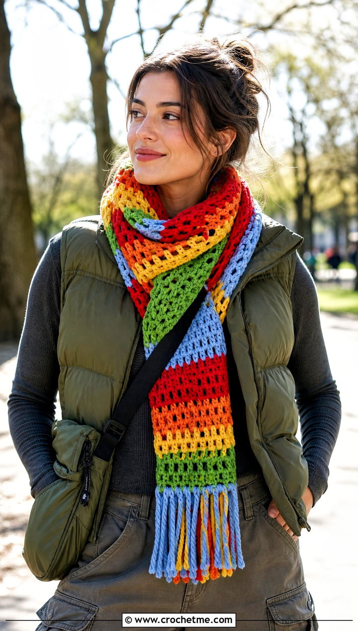 Fringed Full Spectrum Crochet Crayon Scarf With Puffer Vest - 15 Crochet Crayon Scarf outfit ideas