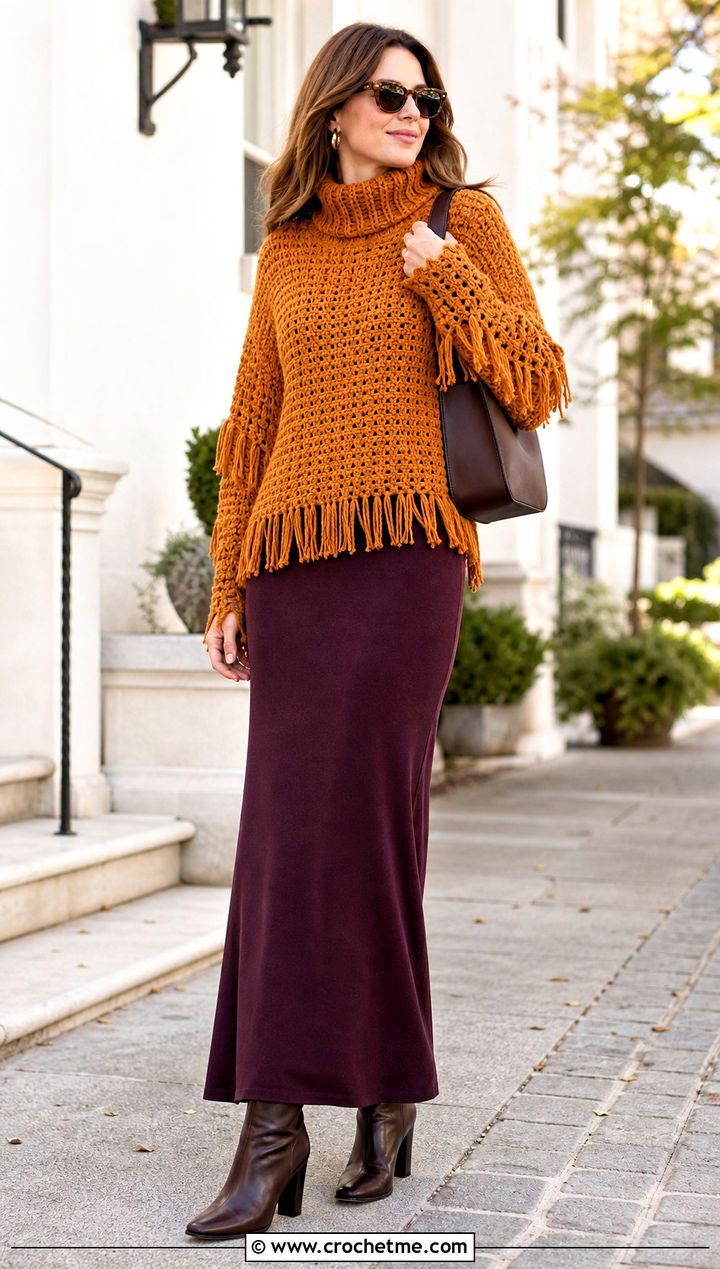 Fringed Funnel Neck Crochet Sweater With Maxi Skirt - 30 crochet high neck sweater outfit ideas