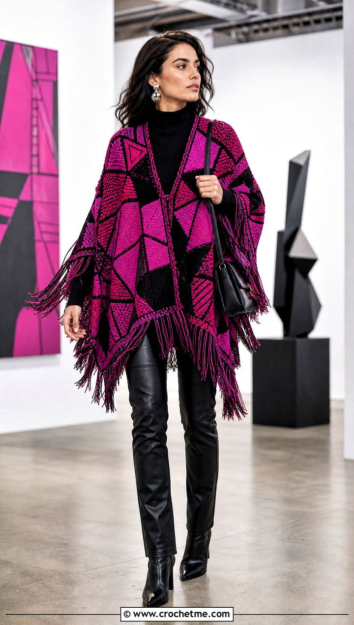 Fringed Geometric Mosaic Poncho With Leather Pants - 15 Mosaic Crochet Poncho outfit ideas