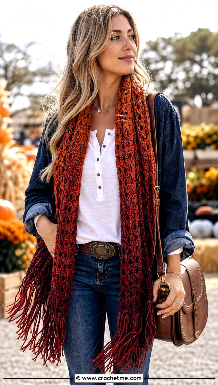 Fringed Gradient Crochet Scarf With Western Denim - 25 gradient crochet scarf outfit ideas